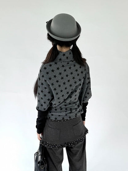 Blouse Star Angel Long Pattern with Wing Asymmetrical Gray Dark Sleeve Accents