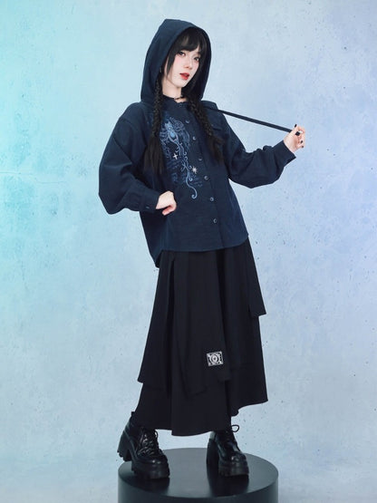 Navy Long Sleeve Hooded Shirt with Sea Angel Graphic Print - Quirky Hut