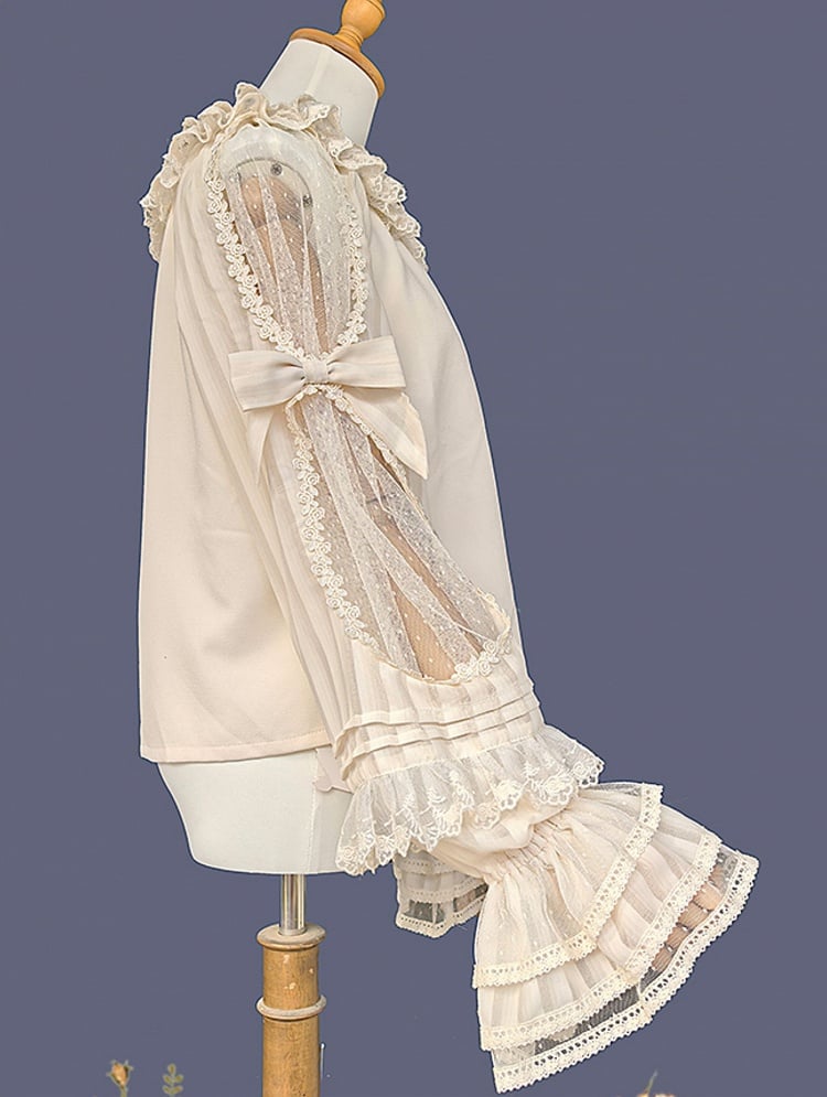 and Neck Blouse Round with Sleeves Lace Trim Semi-sheer Lolita Ruffled Apricot