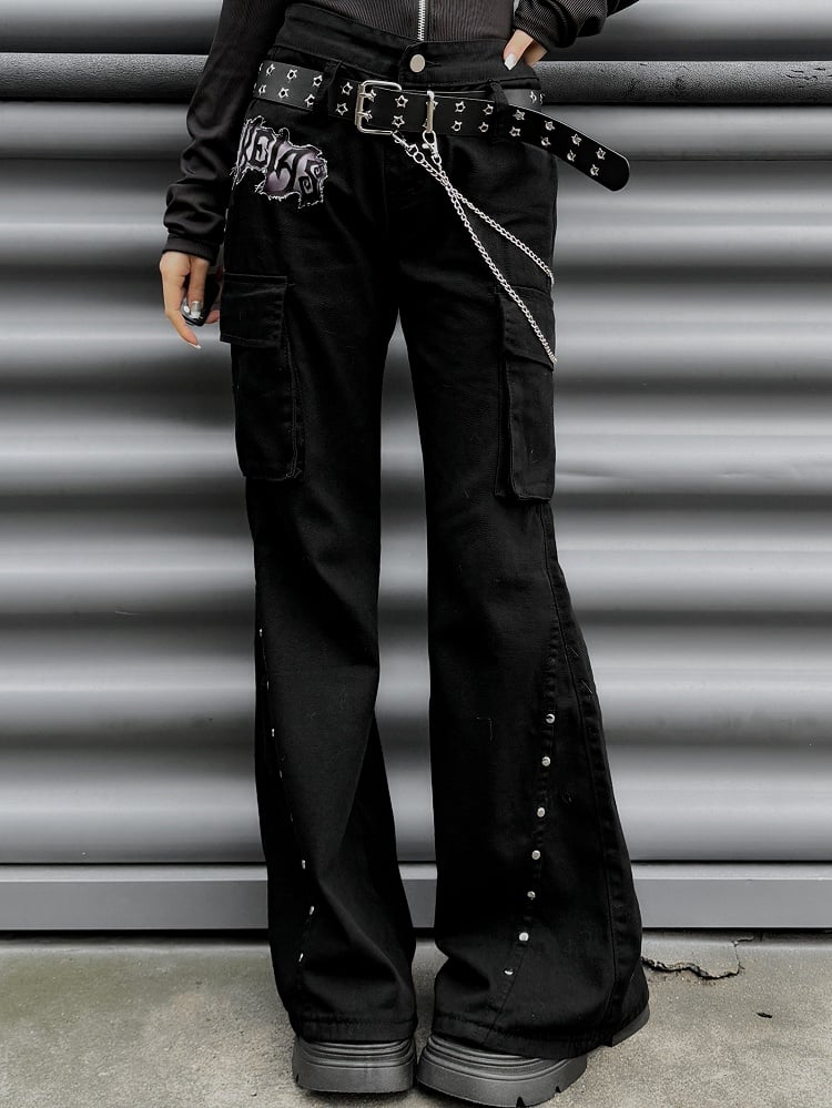 Punk Black Letter Patch Cargo Pockets Low Waist Fishtail Pants mit Gürtel