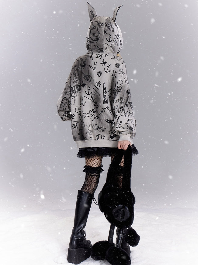 Grey Cartoon Graffiti Print Animal Ears Design Zip Hoodie