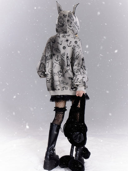 Grey Cartoon Graffiti Print Animal Ears Design Zip Hoodie