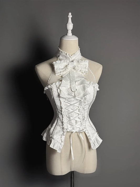 イリュージョンホワイトノースリーブビッグホルタートップボウネック