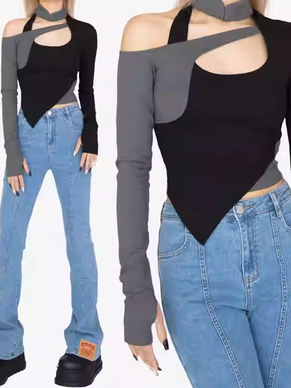 Cyberpunk Schwarz &amp; Grau Stehkragen Cutout Detail Asymmetrischer Saum Glamouröses Top