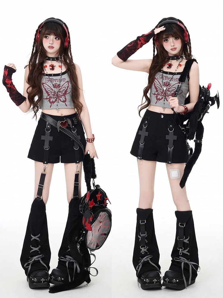 Leg Black Embellished Detail Shorts with Lace-up Warmers Cross Detachable