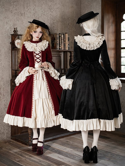 Eyelet Lolita Neckline Trims Ruffle Velvet Scalloped Black Beige Winter Dress with