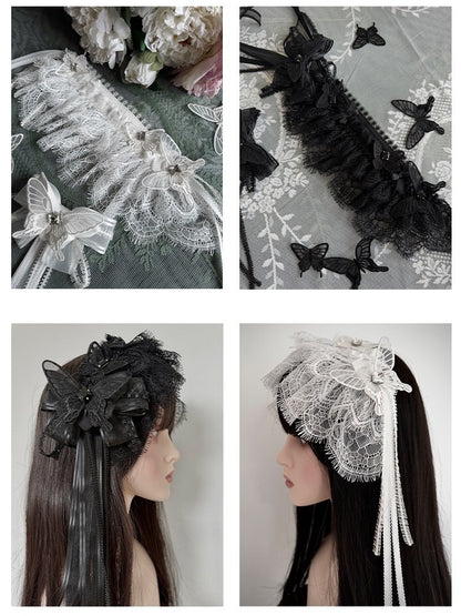 Monochrome Lace Headband with Butterfly Clip - Tachycardia