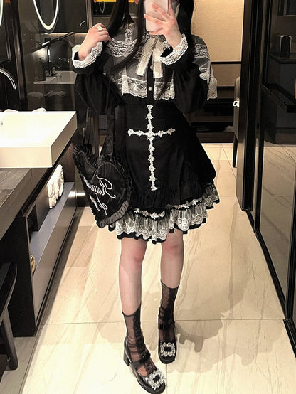 Skirt Rose Cross Landmine White/Black/Pink Embroidery Jirai Hem High Style Kei Lace Waist