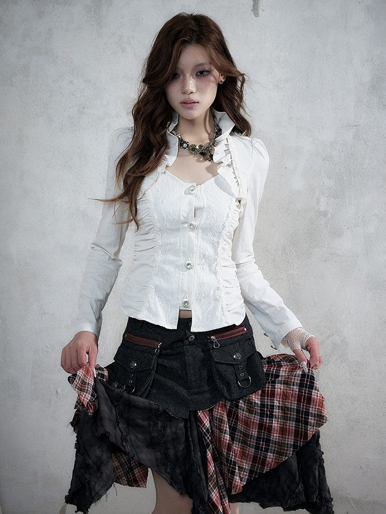Rococo Punk White Faux Two-Piece Long Sleeve Blouse with Lace and Ruffle Trim - NO ROMANCE