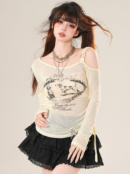 ホワイト/ベージュのトップス、袖、ネックライン、アシンメトリー、ロングレタープリント、子犬と