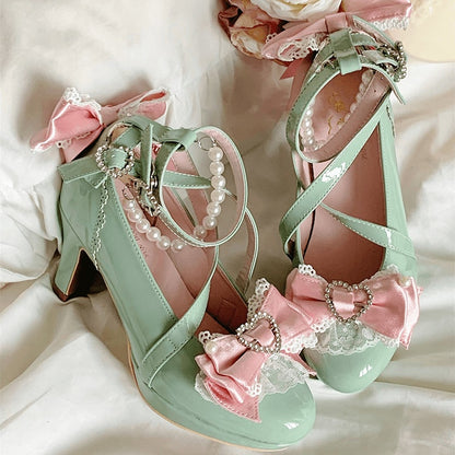 Mary Accents Bow Hime with Lolita Shoes Jane PU Green Removable Chain Beaded Pink