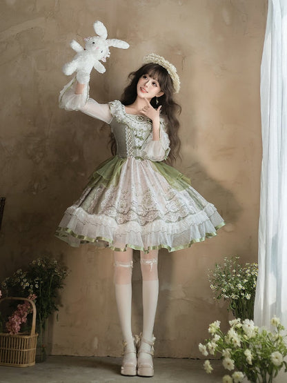 Lace Sleeves Dress Teacup and Rabbit Print Trimmings Lolita Long Green with