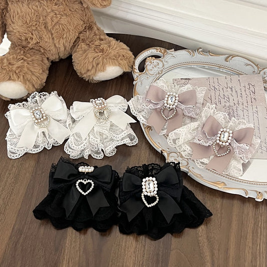 Black White Jirai Kei Lace Wrist Cuffs with Bow and Rhinestone Accents Pink/ White/