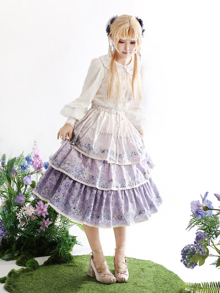 Ombre Violet Tiered Skirt Iris Embroidery Delicate