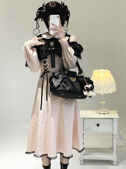 Pink Bow Shoulder Jirai Version Lace Black Long-Sleeve Kei Cutout Dress Decor Rhinestone Long