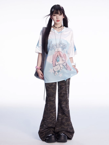 T-shirt Blau und Weiß Colorblock Design V-Ausschnitt Cartoon Mädchen Druck Lose