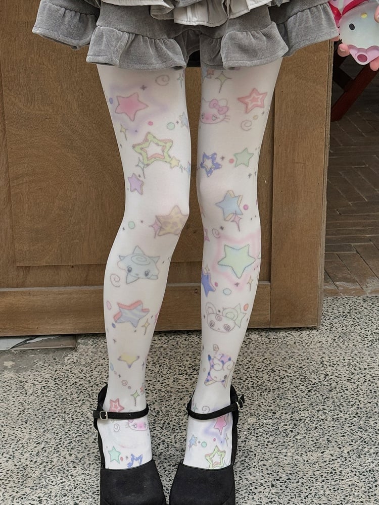 White Sweet Star Print Tights - Kawaii Cute Legwear