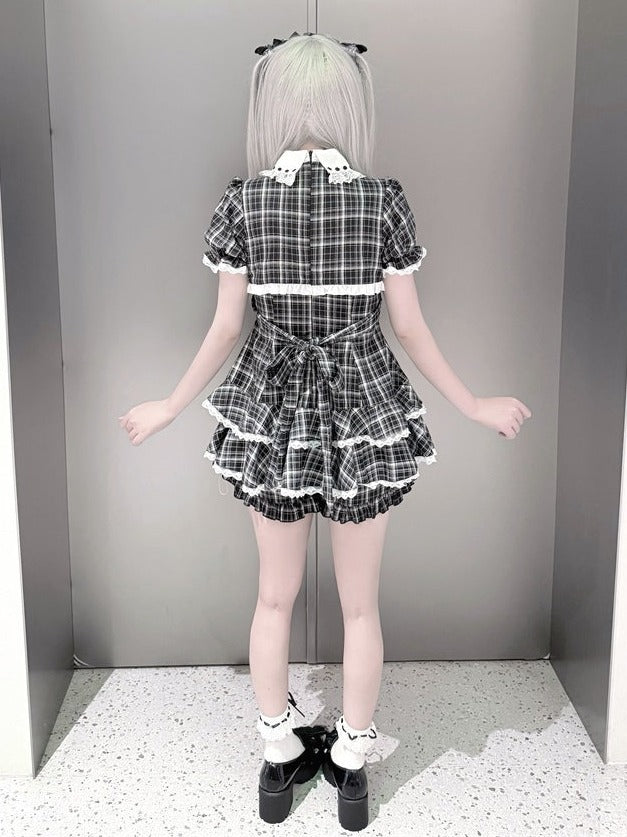 Black White Jirai Kei Plaid Fake Two-Piece Dress with Shorts Set - Puppet Bombs