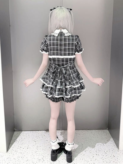 Black White Jirai Kei Plaid Fake Two-Piece Dress with Shorts Set - Puppet Bombs