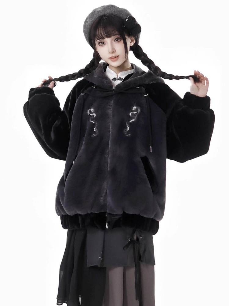 Black and Gray Colorblock Plush Jacket with Snake Detail