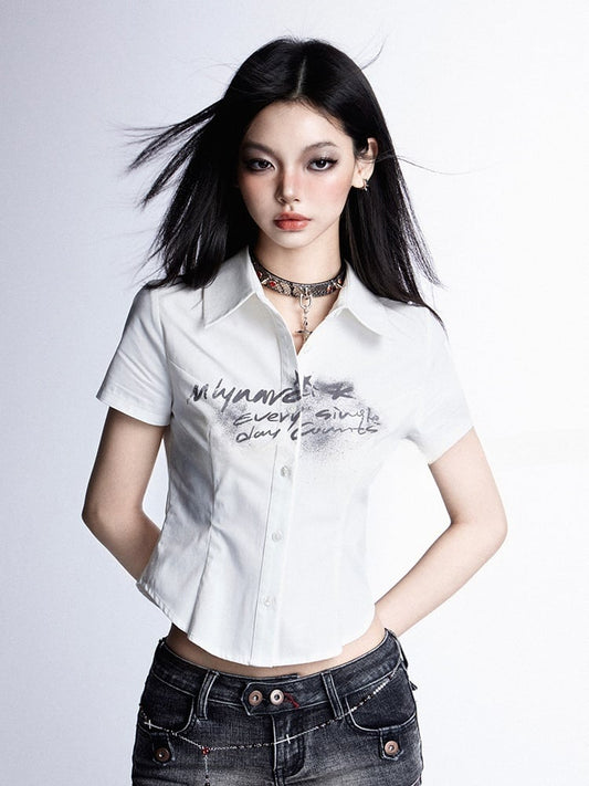 ホワイトレタープリント スリムフィットシャツ