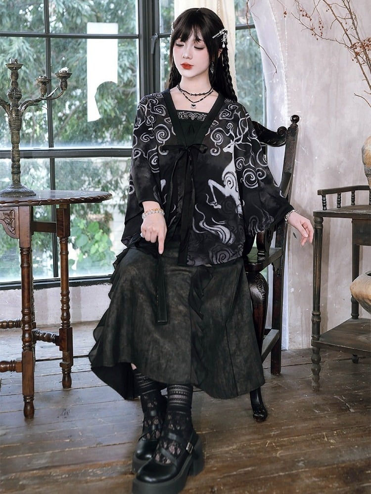 Ink Wash Print Chinese Gothic Black Midi Skirt with Ruffle - Quirky Hut