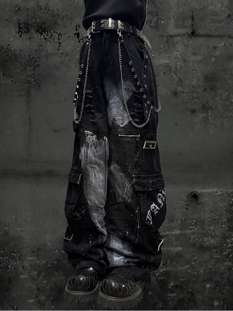 Design Cargo Black Pockets with Jeans Wide-leg Distressed
