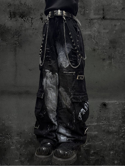 Design Cargo Black Pockets with Jeans Wide-leg Distressed