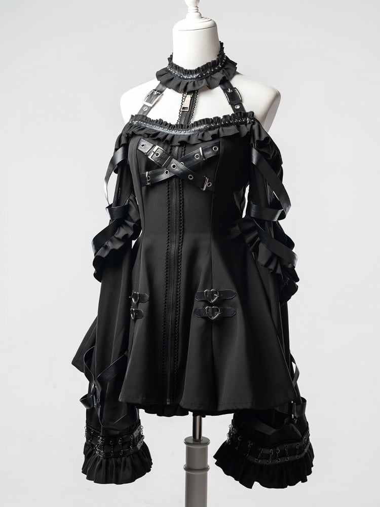 Black Halter Flare Long-Sleeve Dress with Leather Straps & Shorts Set - Bunny Rush
