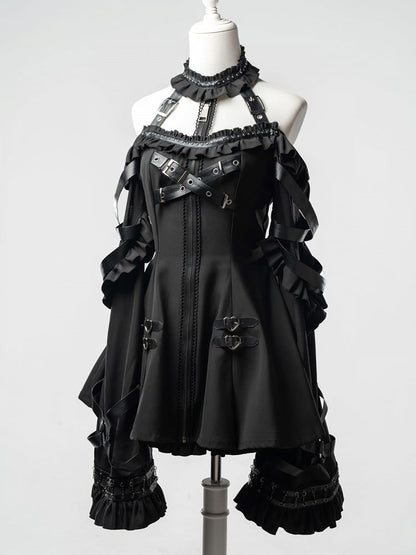 Black Halter Flare Long-Sleeve Dress with Leather Straps & Shorts Set - Bunny Rush