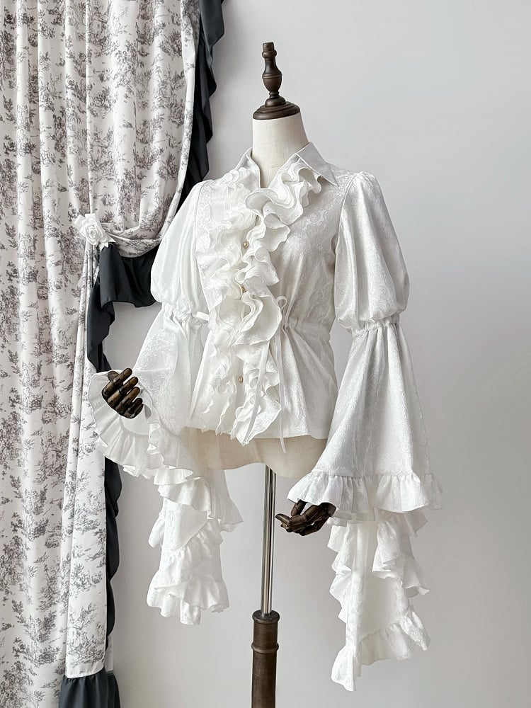 ホワイトの長袖構造ロリータボディスシャツベルフリル