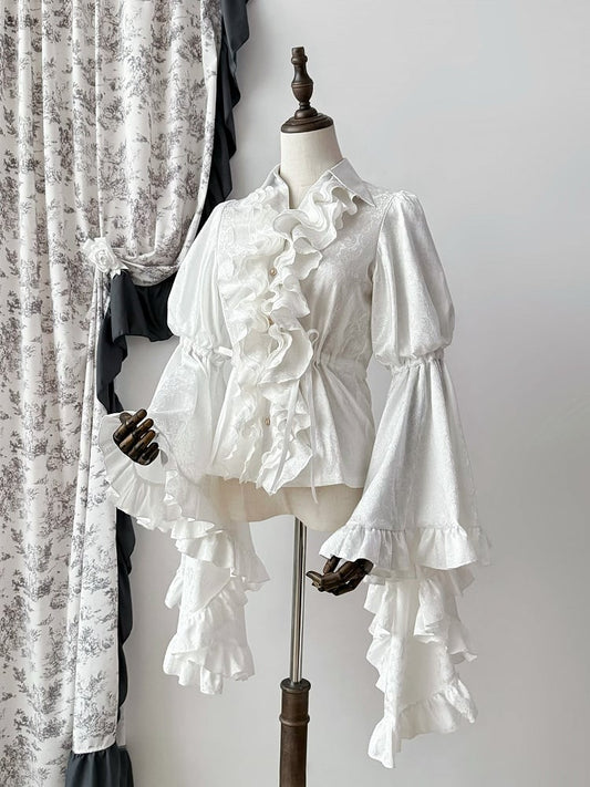ホワイトの長袖構造ロリータボディスシャツベルフリル