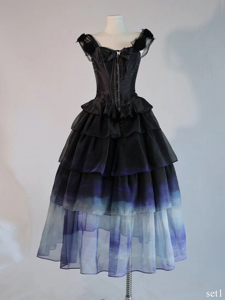 Black Top with Floral-Embellished Off-Shoulder Gradient Skirt Tiered Corset
