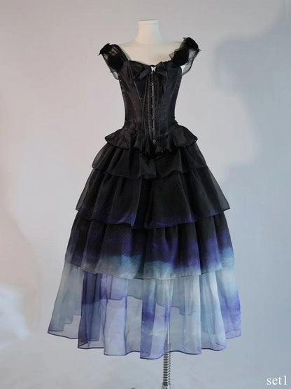 Black Top with Floral-Embellished Off-Shoulder Gradient Skirt Tiered Corset