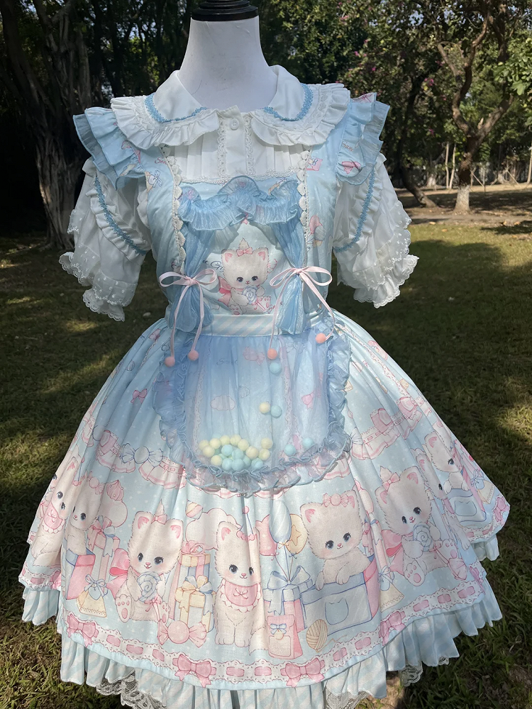 Süßes Lolita-Overallkleid mit blauem Kätzchen- und Tupfenmuster