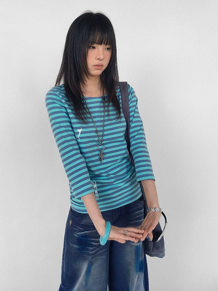 Blue Striped Wide Round Neck Long Sleeve T-shirt with Key and Iron Gate Print - innomoood