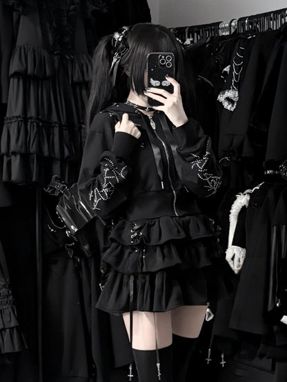 Lace-Up Dark Hoodie Stud-Decorated Black Kei Jirai