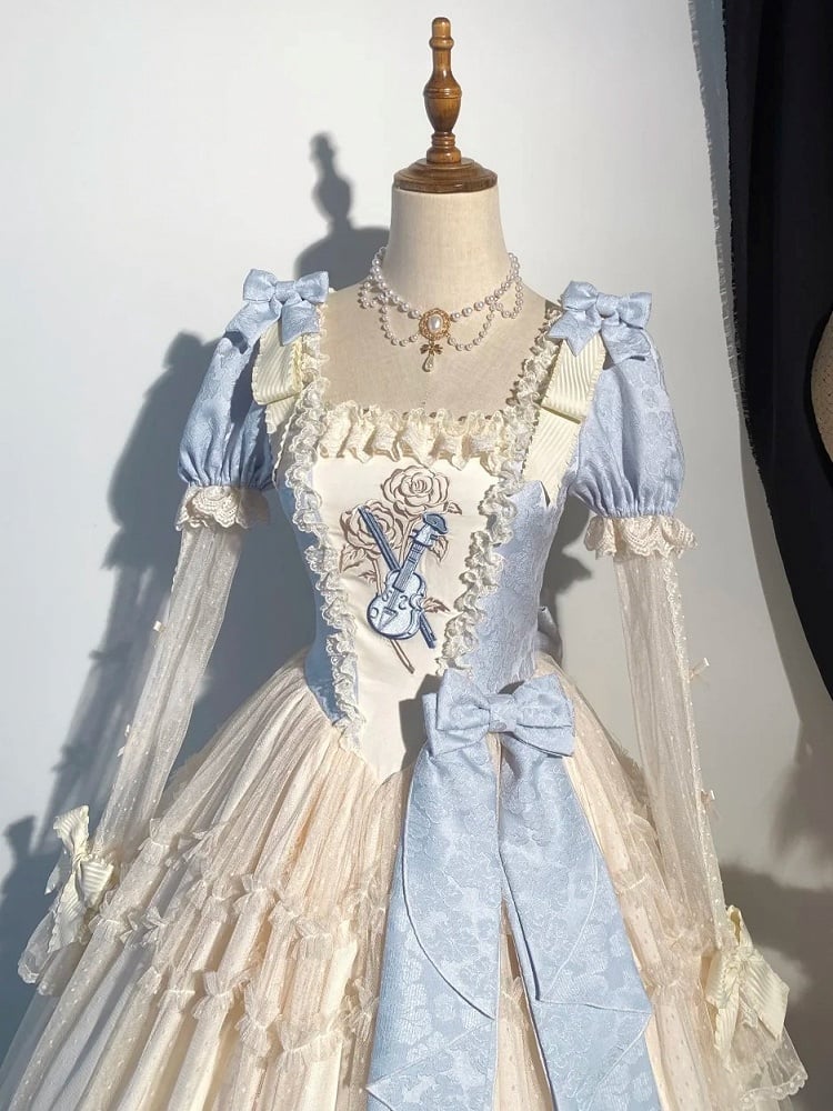Dress Blue Version Print Lolita Elegant Note Beige Lace Violin Classic with Embroidery Long Musical