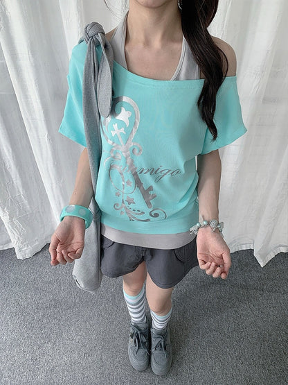 Mint Two-Piece Off-Shoulder Tee with Key Graphic - Solkatt