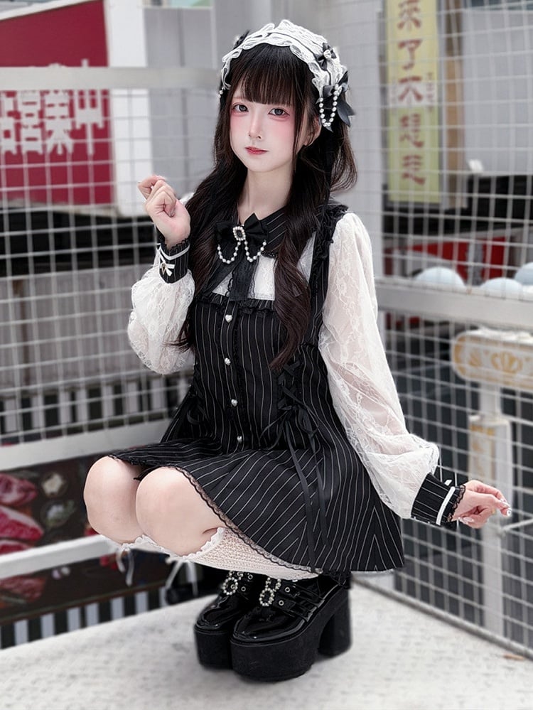 with Decor and Bead Shorts Kei Dress + Matching Black Long-Sleeve Stripe Set Chain Jirai Bow Lace White