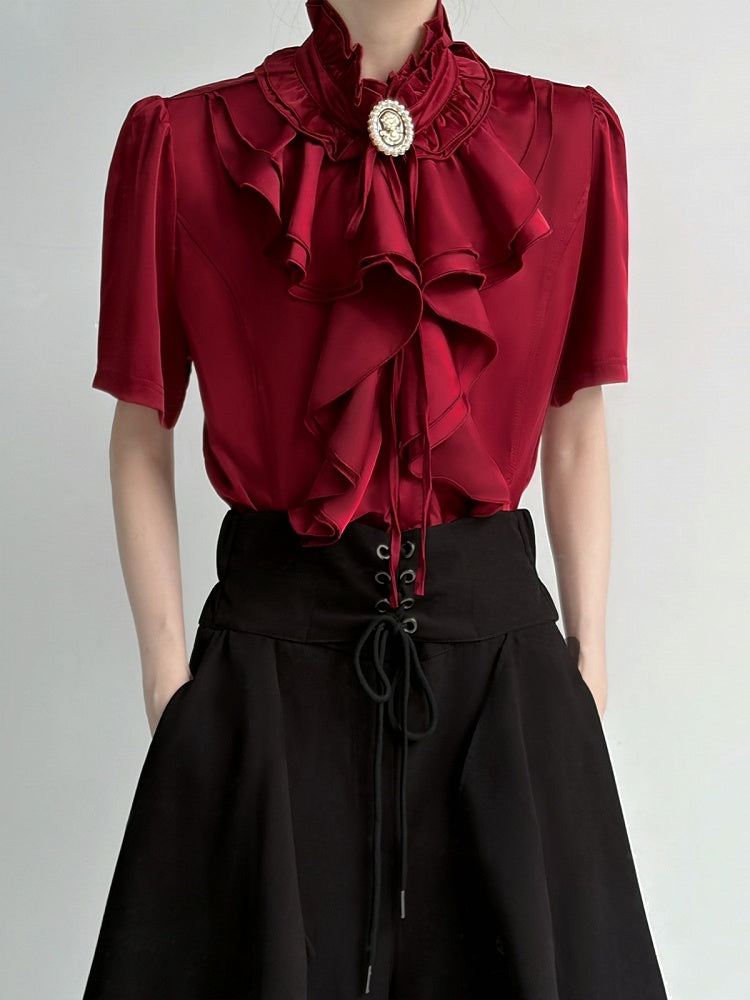 Layered Ruffle Red Ouji Short Sleeve Blouse - ROAE