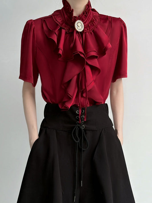 Layered Ruffle Red Ouji Short Sleeve Blouse - ROAE