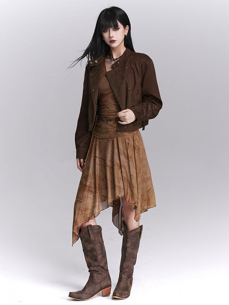 mit drapiertem Kaffee-Taschentuchkleid, V-Ausschnitt, asymmetrischem Saum