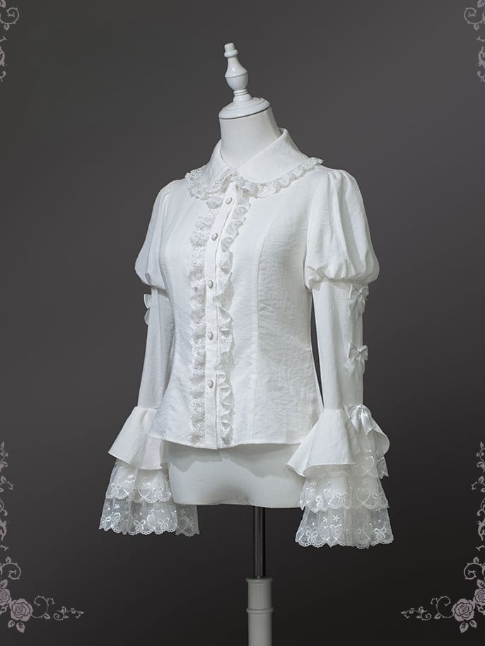 ホワイトピーターパンカラーロングベルスリーブシャツレーストリム