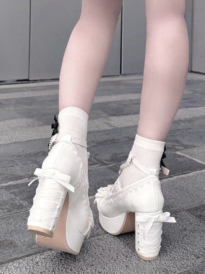 White Platform Mary Jane Shoes with Bow & Rhinestone - Sheep Puff
