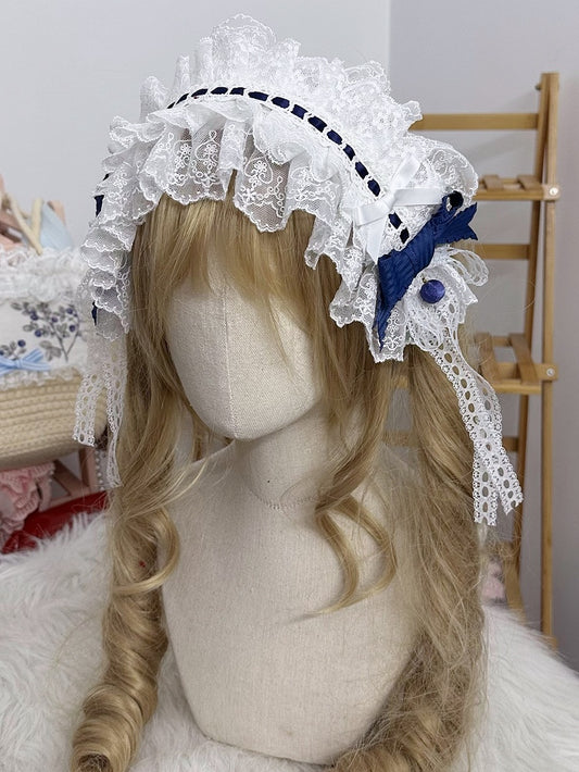 Blue/Light Bowknot Hairband Lace Lolita Blue Dark