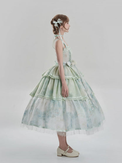 Painting and with JSK Hem Embroidery Dress Lolita Green Detail Print Tiered Oil