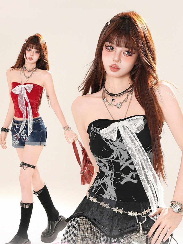 ストラップレストップ レッド/ブラック レース ボウフロント グラマラス