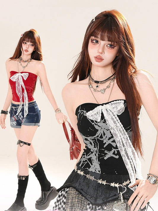 ストラップレストップ レッド/ブラック レース ボウフロント グラマラス