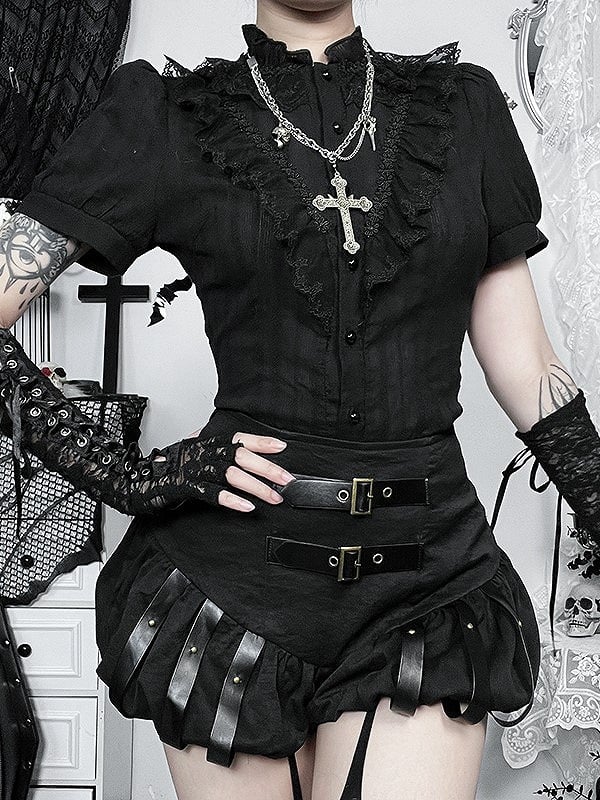 Metal PU Black Halloween Zipper Skirt with Straps Adjustable Buckle Studded Side Gothic